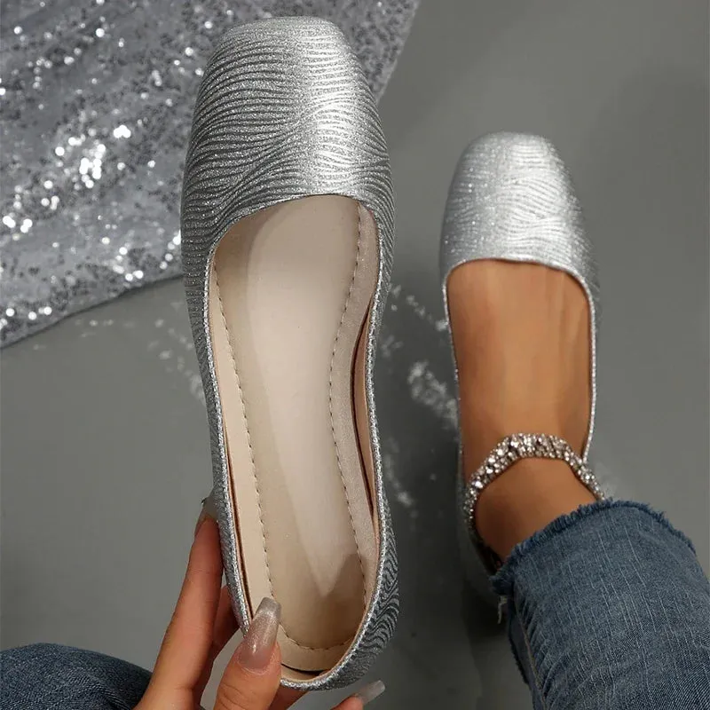 Hnzxzm Ballet Dance Shoes Women Square Toe Flats Silver Shallow Loafers Shoes Spring Casual Fashion 2024 Cozy Walking Female Zapatillas