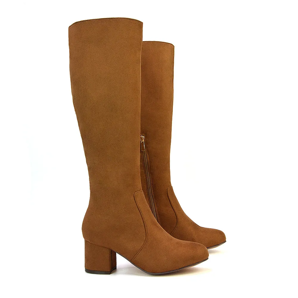 Honey Knee High Boots with Mid Block Heel and Inside Zip in Brown Faux Suede