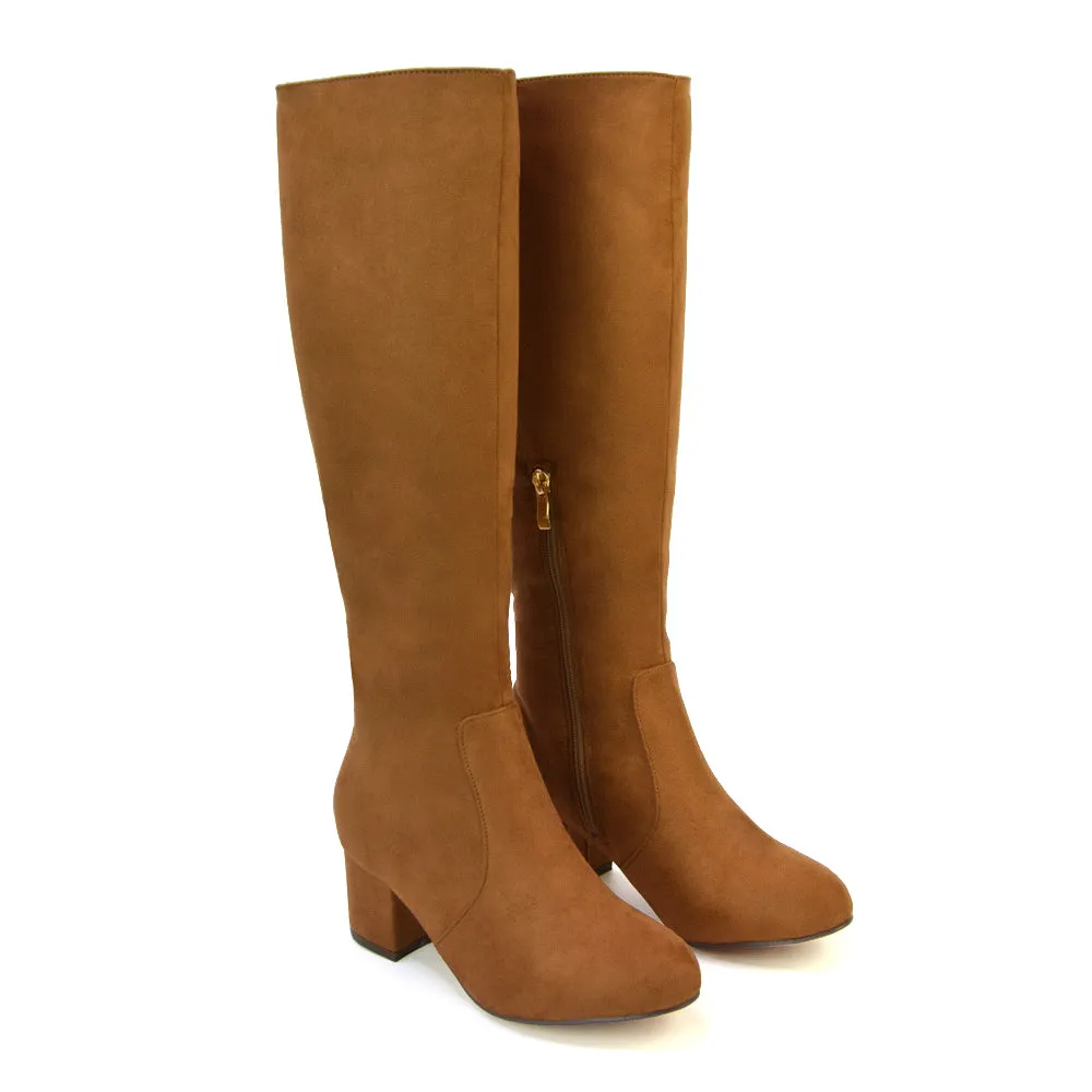 Honey Knee High Boots with Mid Block Heel and Inside Zip in Brown Faux Suede