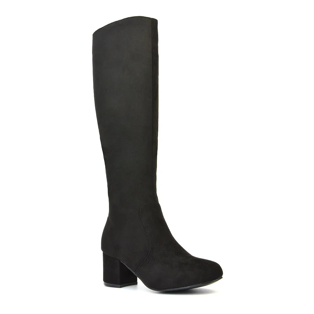 Honey Knee High Boots with Mid Block Heel and Inside Zip in Brown Faux Suede