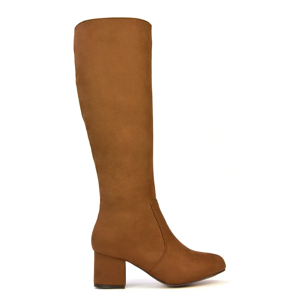 Honey Knee High Boots with Mid Block Heel and Inside Zip in Brown Faux Suede