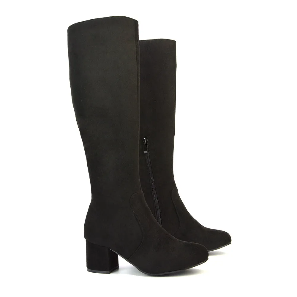 Honey Knee High Boots with Mid Block Heel and Inside Zip in Brown Faux Suede