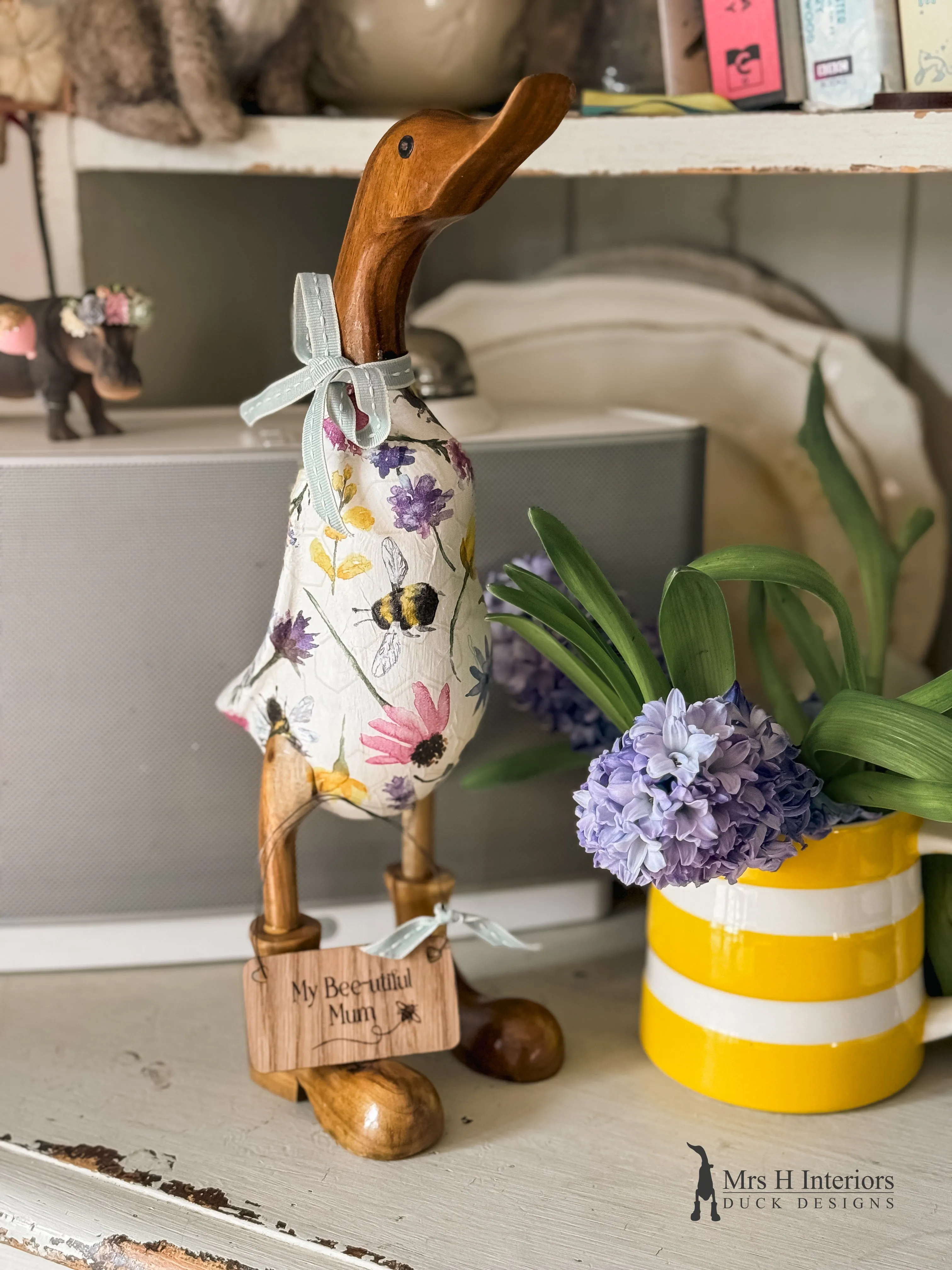 Honey the bee and wild flower decorated Wooden Duck in Boots by Mrs H the Duck Lady