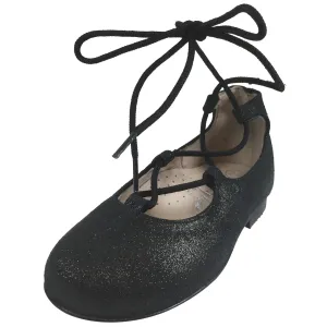 Hoo Shoes Chelia's Girl's Soft Sparkle Ankle Lace Up Ballet Flats Black