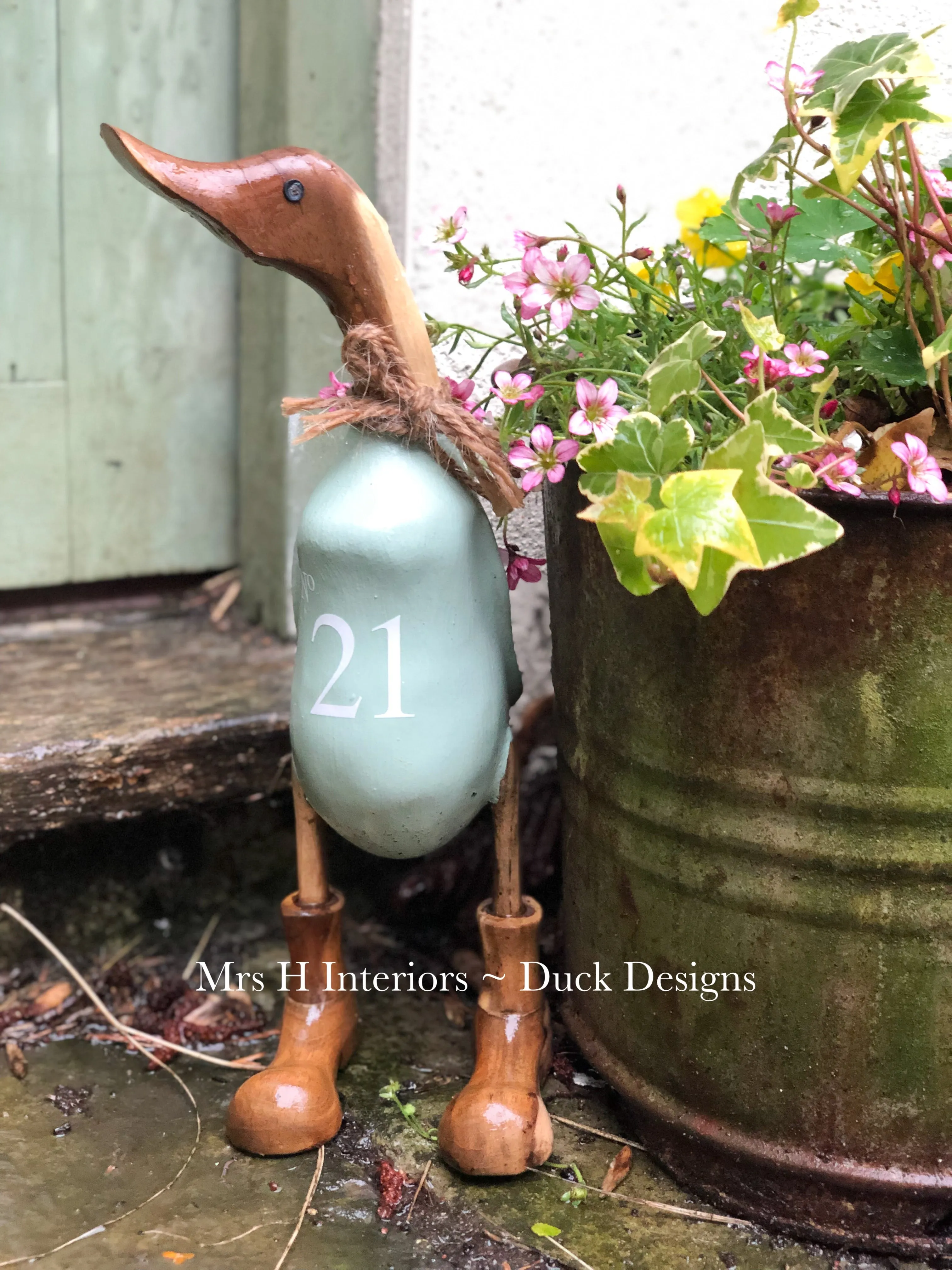 House name or number (outdoor) - Decorated Wooden Duck in Boots by Mrs H the Duck Lady