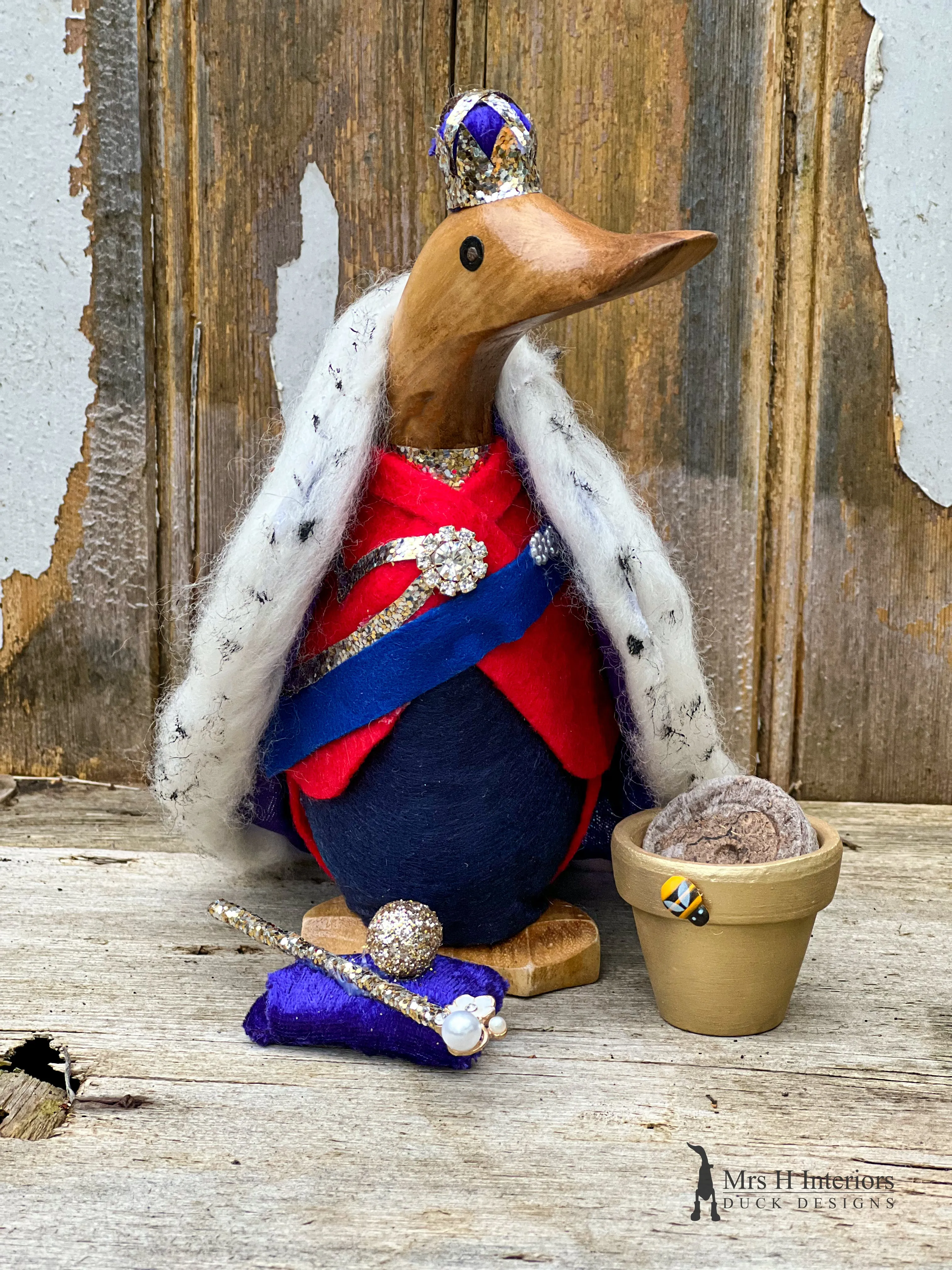 HRH King Charles III Coronation Duck - Decorated Wooden Duck by Mrs H the Duck Lady