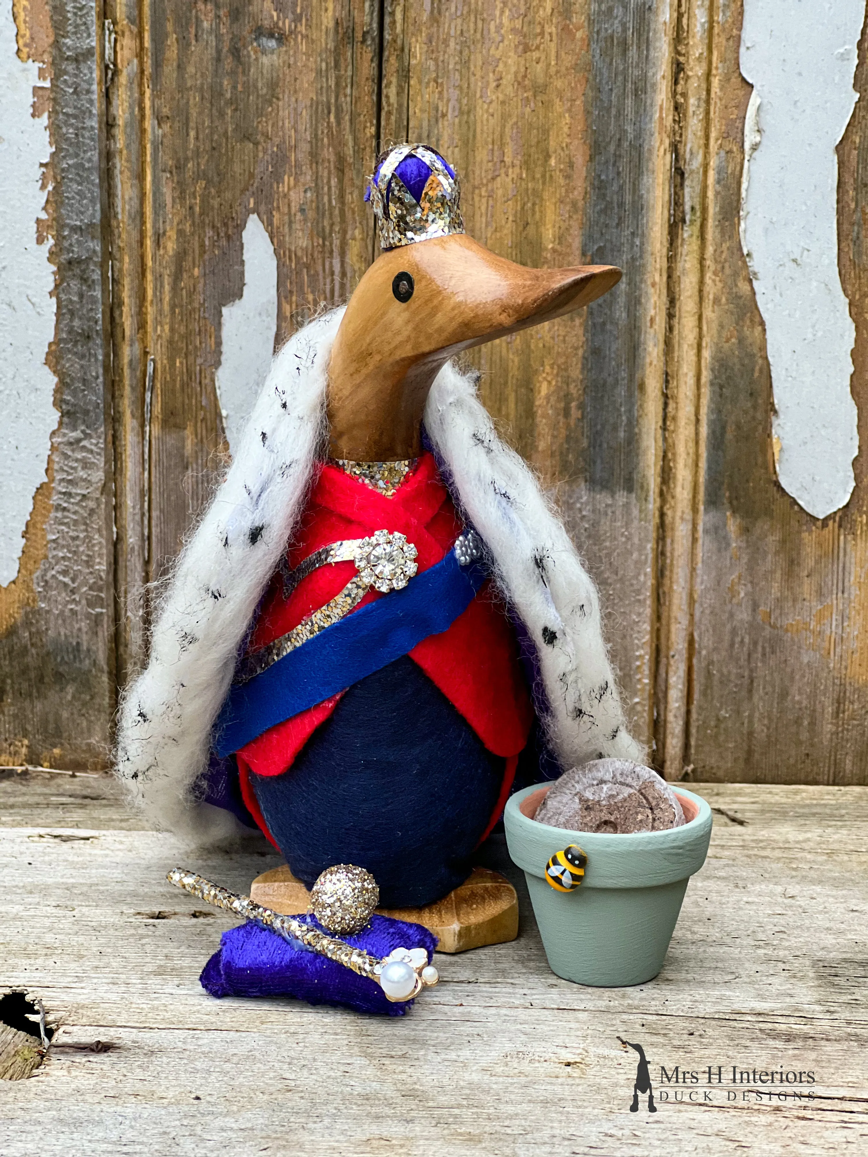 HRH King Charles III Coronation Duck - Decorated Wooden Duck by Mrs H the Duck Lady