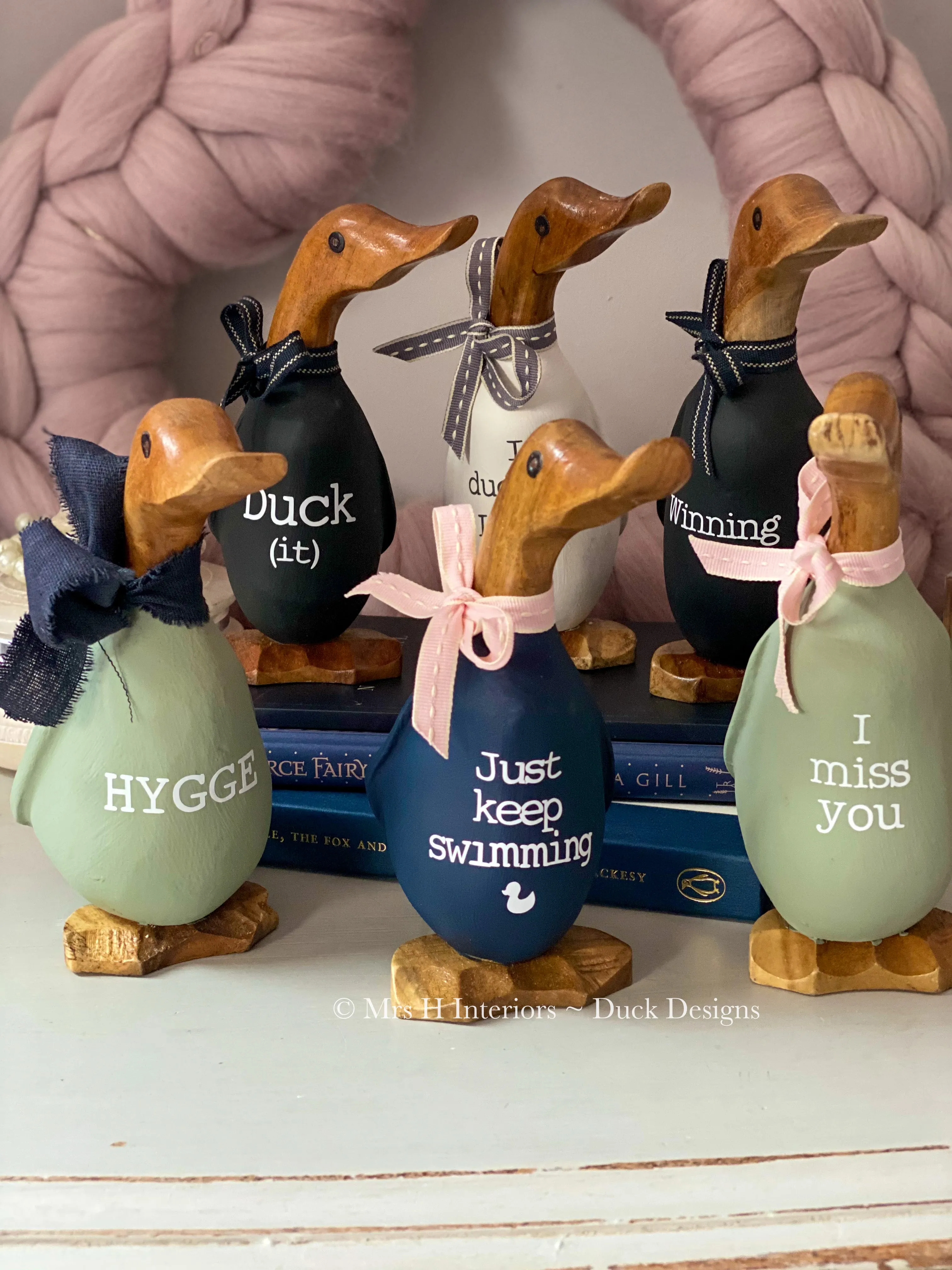 Hygge (Hug) - Decorated Wooden Duck in Boots by Mrs H the Duck Lady