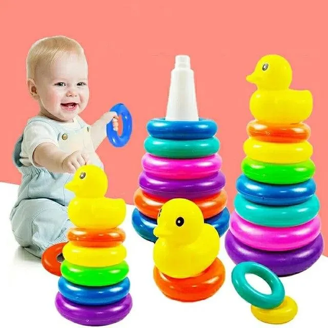 Interactive Rainbow Ring Stacker Toy with Duck Topper - Engage and Educate at Giggly Groves