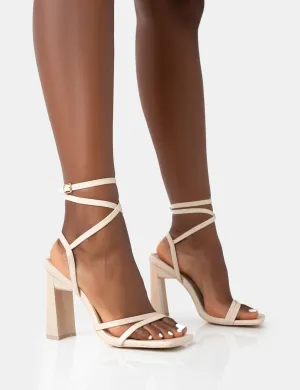 Ives Stone Pu Strappy Lace Up Square Toe Slim Block Heels