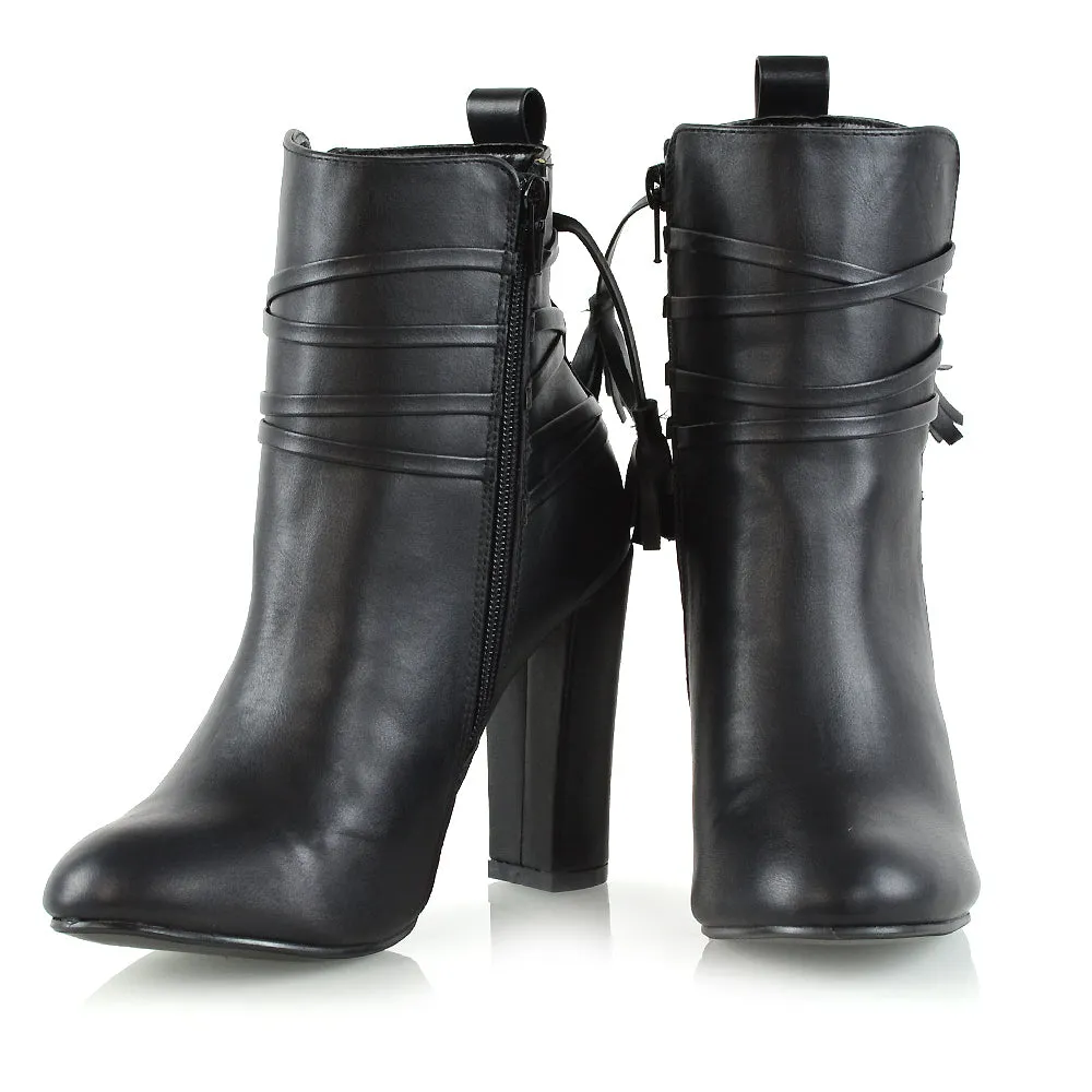 Jamie Tie up Tassel Detail Block High Heel Boots in Black Synthetic Leather