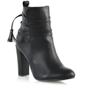 Jamie Tie up Tassel Detail Block High Heel Boots in Black Synthetic Leather