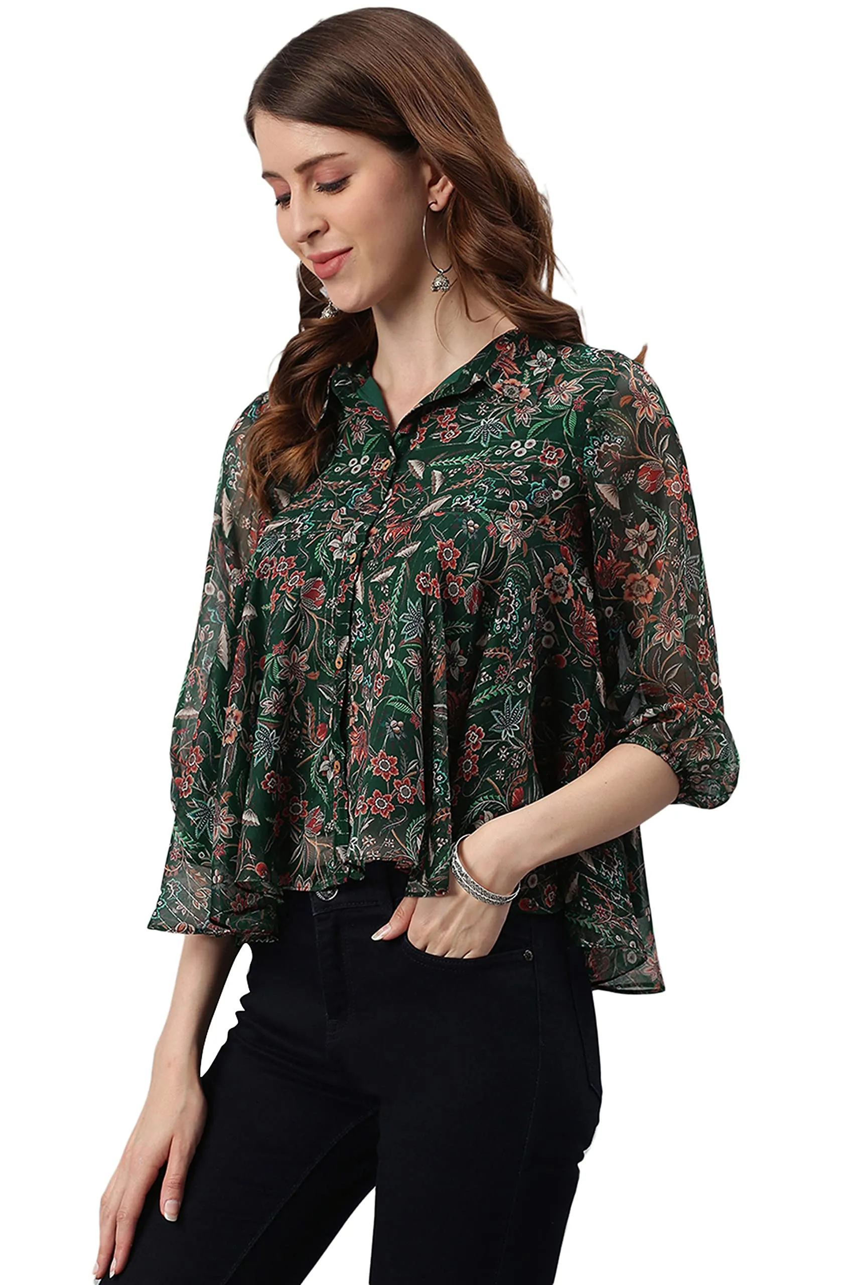 Janasya Women's Green Poly Georgette Floral Print Regular Top(J0340-TP-M)