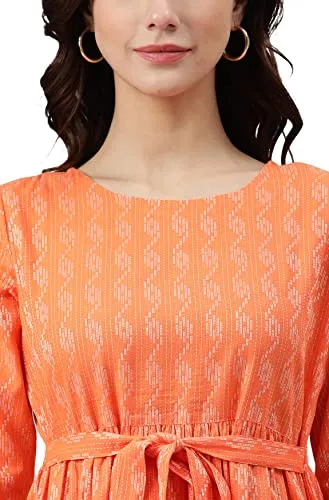 Janasya Women's Orange Cotton Woven Design Tiered Western Dress(JNE3870-DR-L)