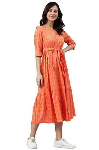 Janasya Women's Orange Cotton Woven Design Tiered Western Dress(JNE3870-DR-L)