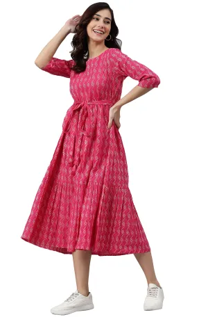 Janasya Women's Pink Cotton Woven Design Tiered Dress(JNE3869-DR-L)