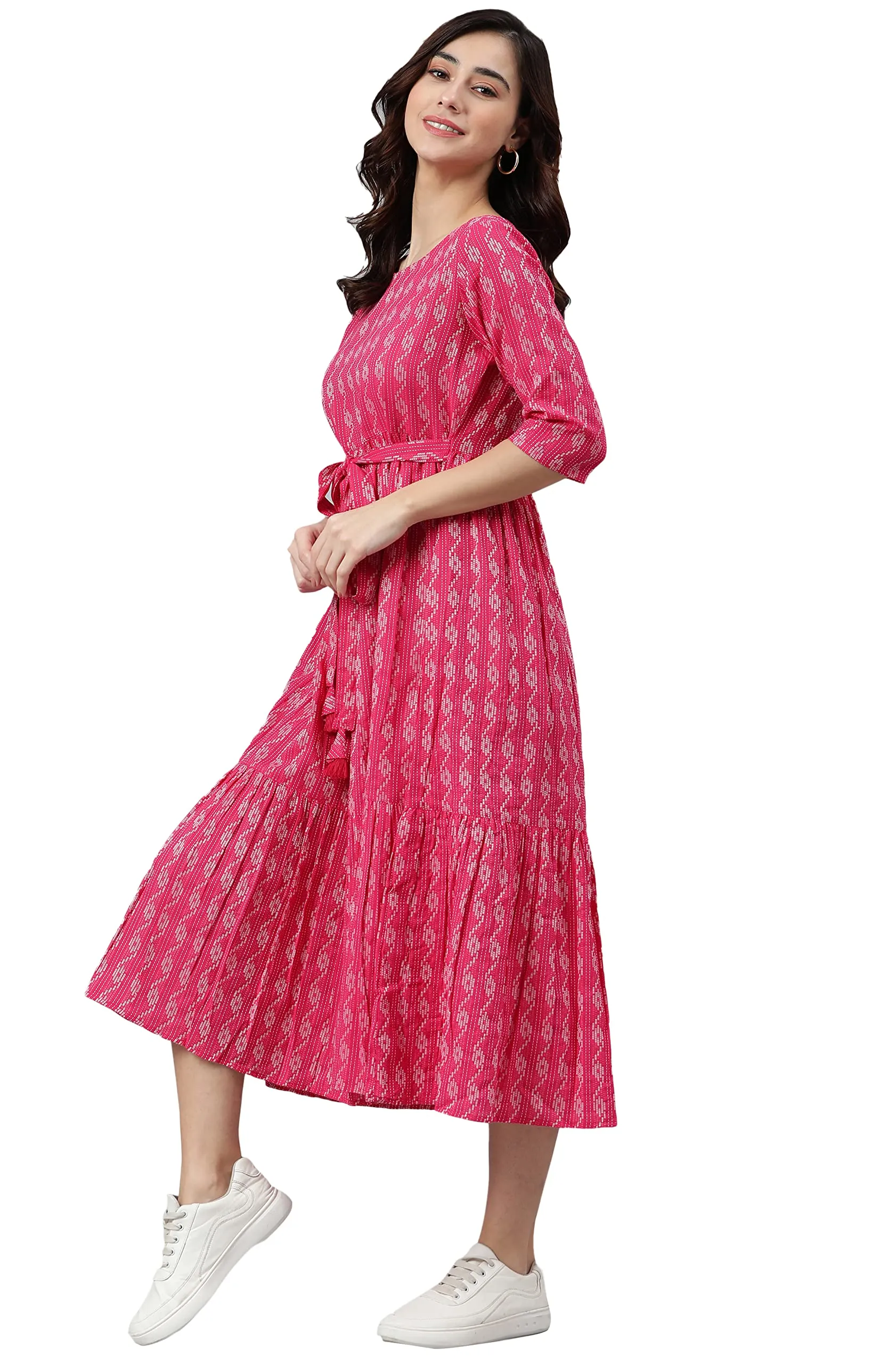 Janasya Women's Pink Cotton Woven Design Tiered Dress(JNE3869-DR-L)