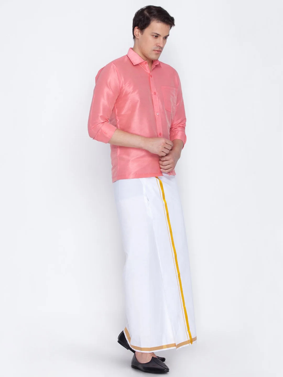 Jashvi Men's Pink Cotton Silk Blend Shirt and Mundu Set