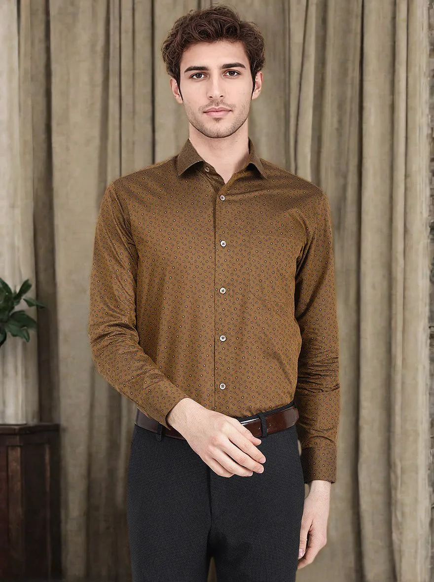 Khaki Printed Slim Fit Formal Shirt | Greenfibre