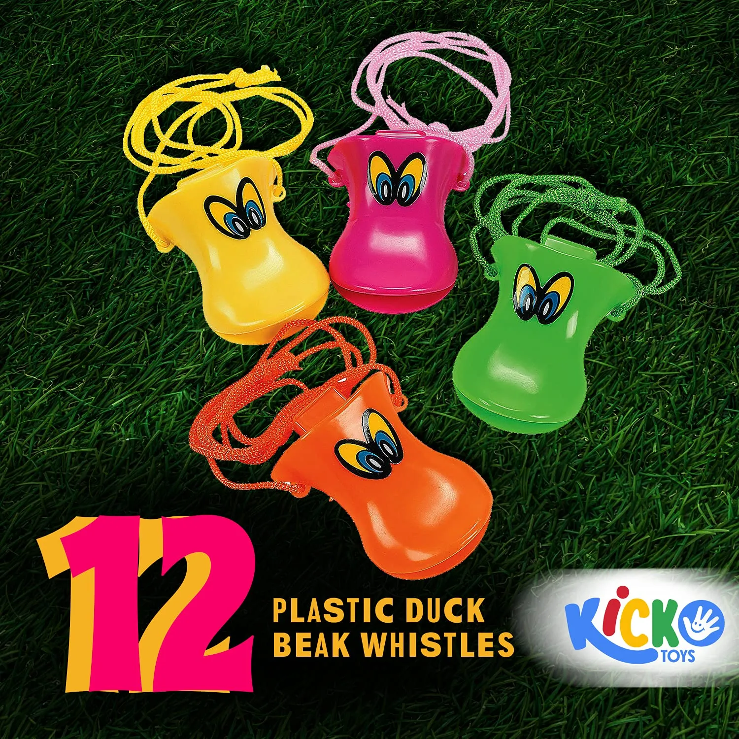 Kicko Pack of 12 Plastic Duck Beak Whistles with Nylon Cord - 3 Inch Whistle - 26 Inch