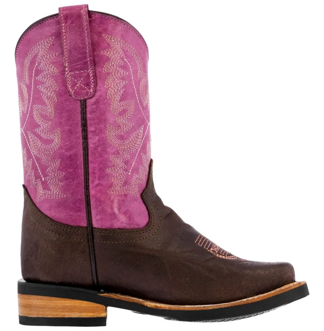 Kids Purple Western Cowboy Boots Genuine Leather Square Rubber Sole