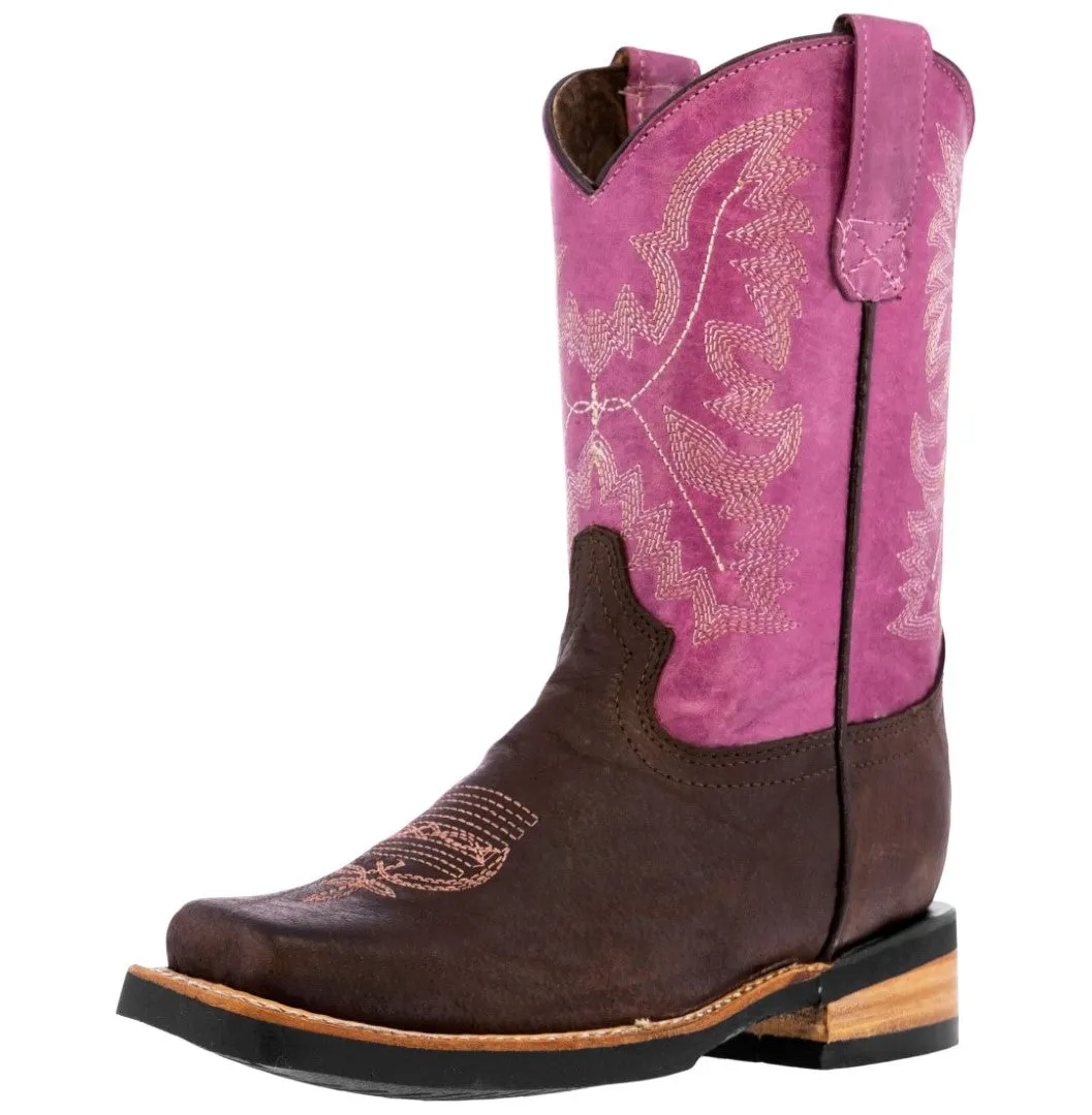 Kids Purple Western Cowboy Boots Genuine Leather Square Rubber Sole