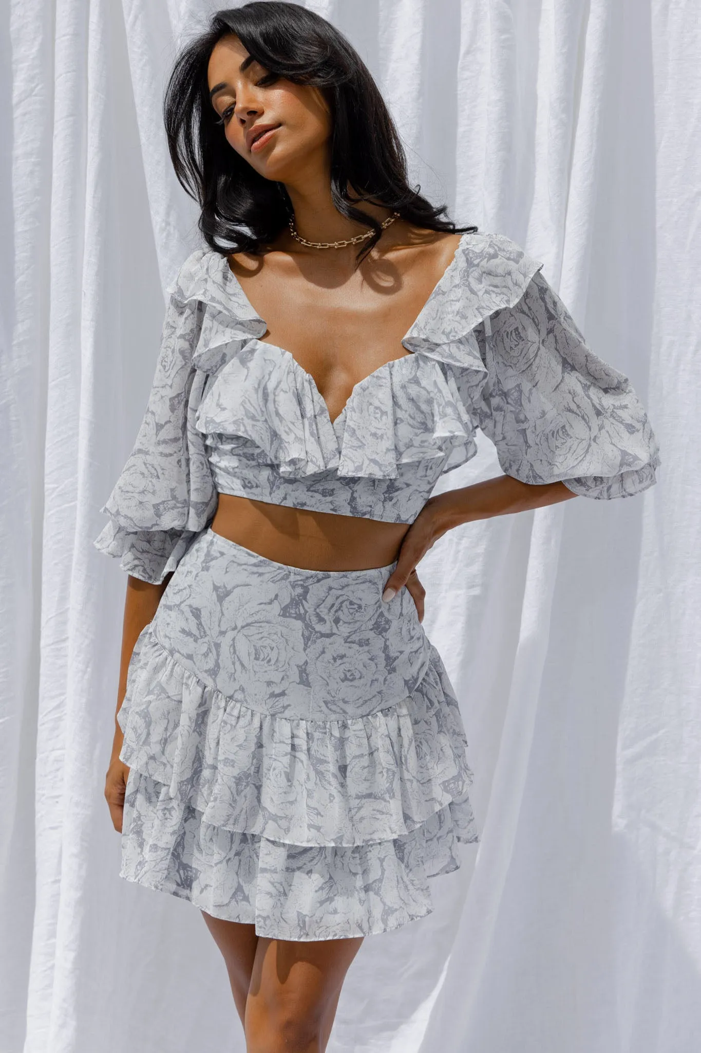 Kiss And Tell Ruffle Trim Balloon Sleeve Crop Top Rose Print Ink