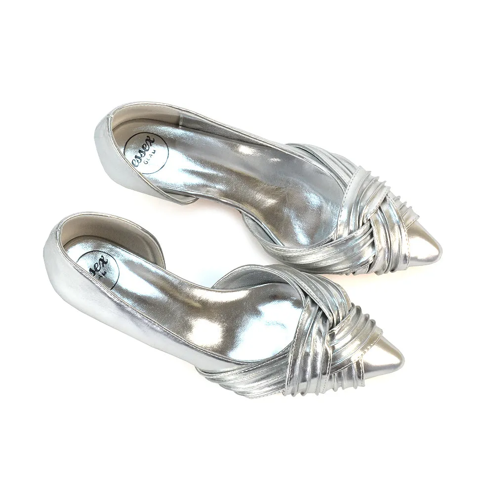 Lake Kitten Heel Pointed Toe Slip on Bridal Shoes in Silver Metallic