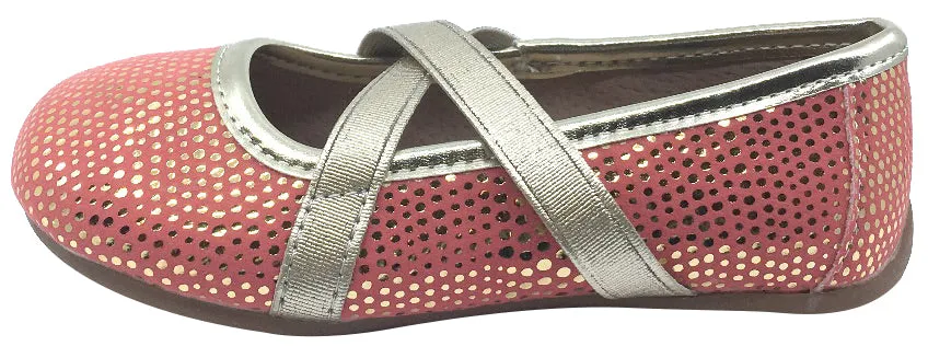 Livie & Luca Girl's Aurora Golden Speckle Coral Pink with Trim Slip On Ballet Flat with Criss-Crossing Elastic Straps