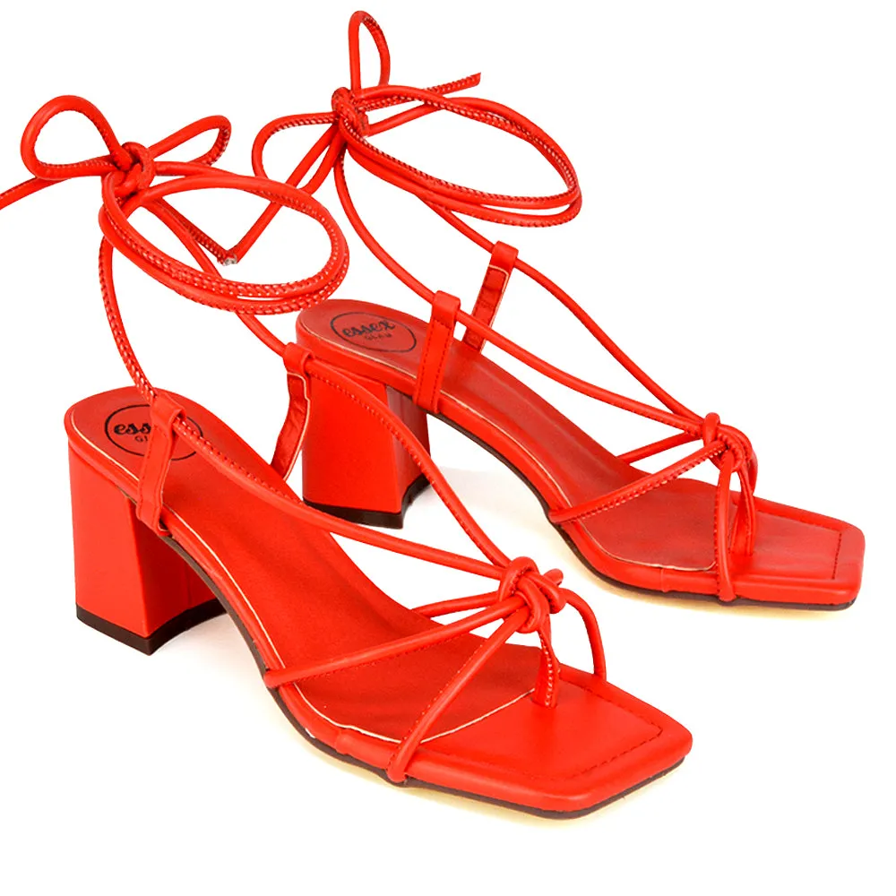 Mackenzie Square Toe Post Lace up Mid Block High Heel Sandals in Red