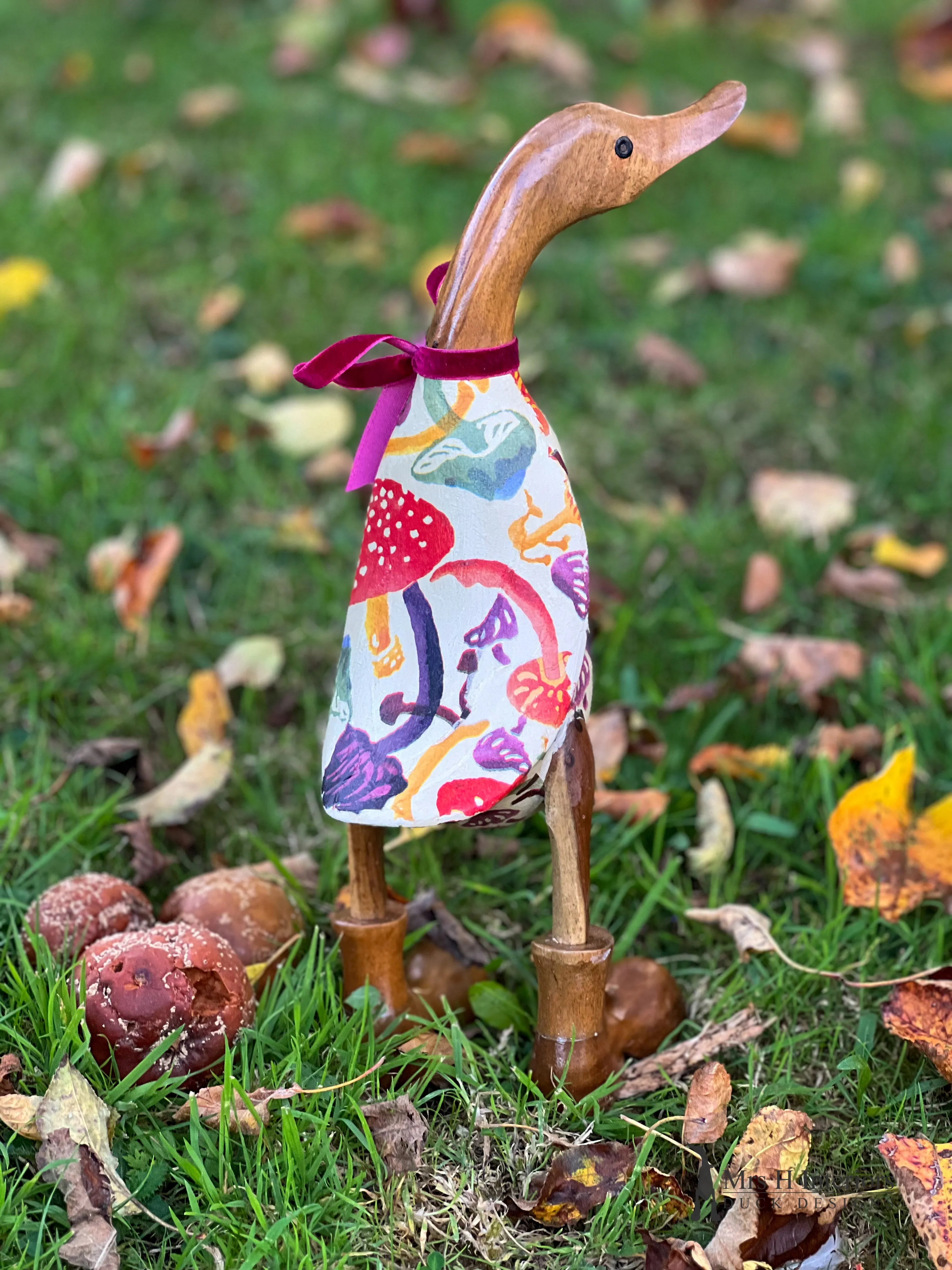 Mandy mushroom, fungi and fun-times autumnal Decorated Wooden Duck in Boots by Mrs H the Duck Lady