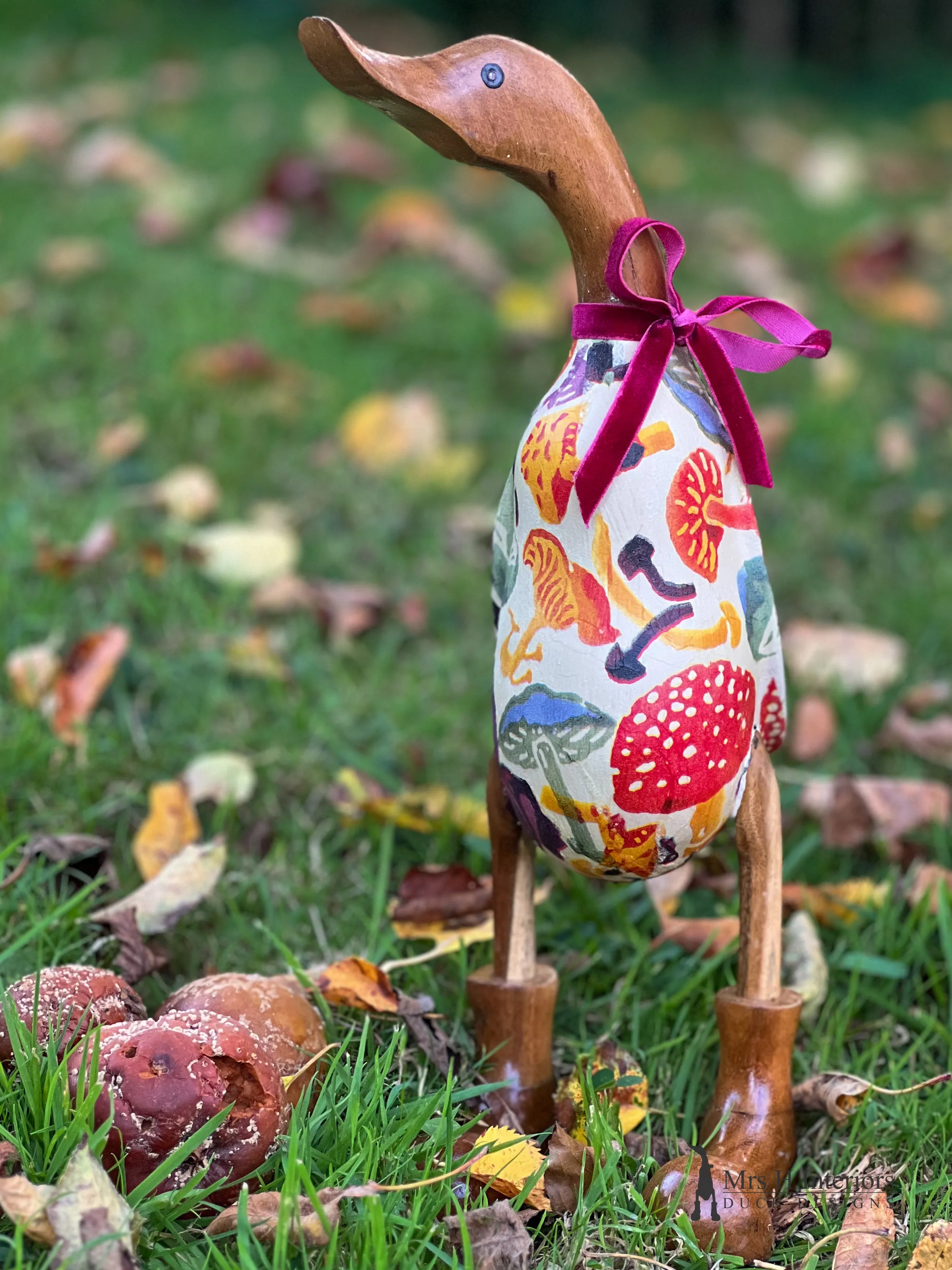 Mandy mushroom, fungi and fun-times autumnal Decorated Wooden Duck in Boots by Mrs H the Duck Lady