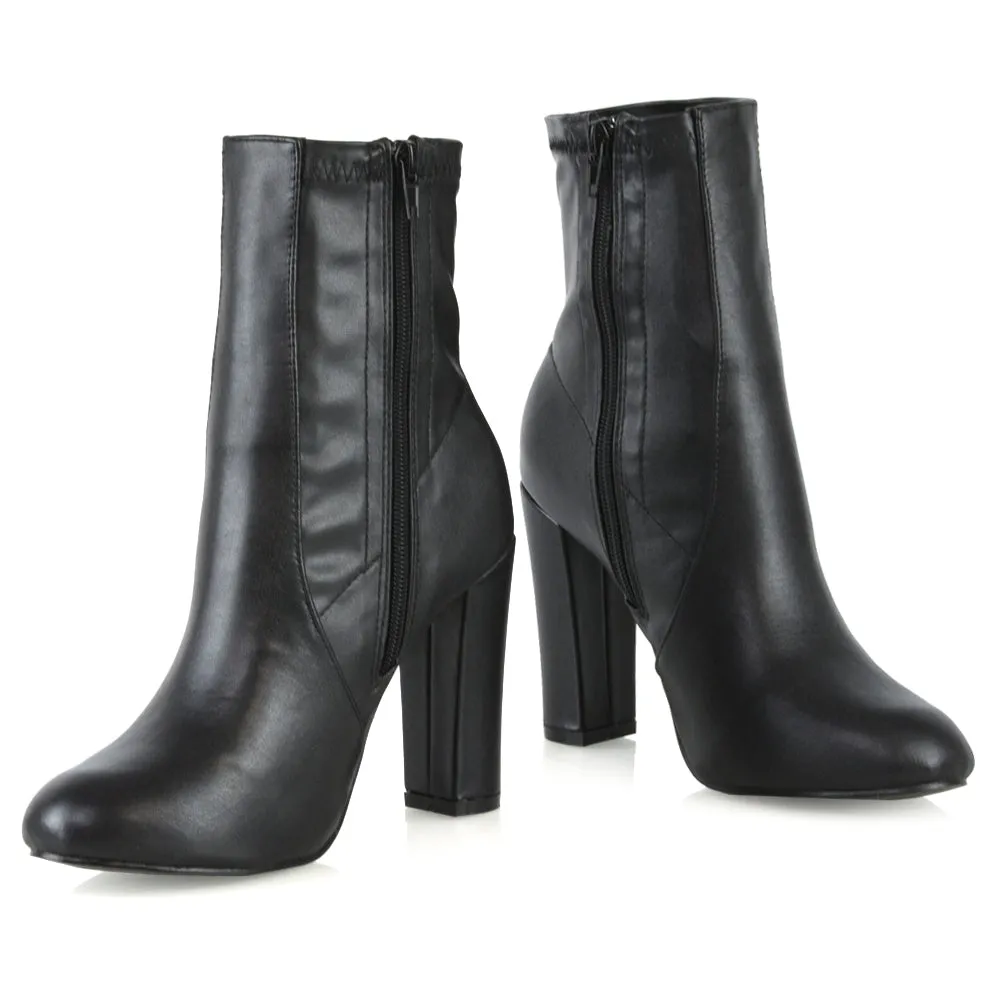 Margot Block High Heeled Zip-up Sock Ankle Boots in Black Synthetic Leather