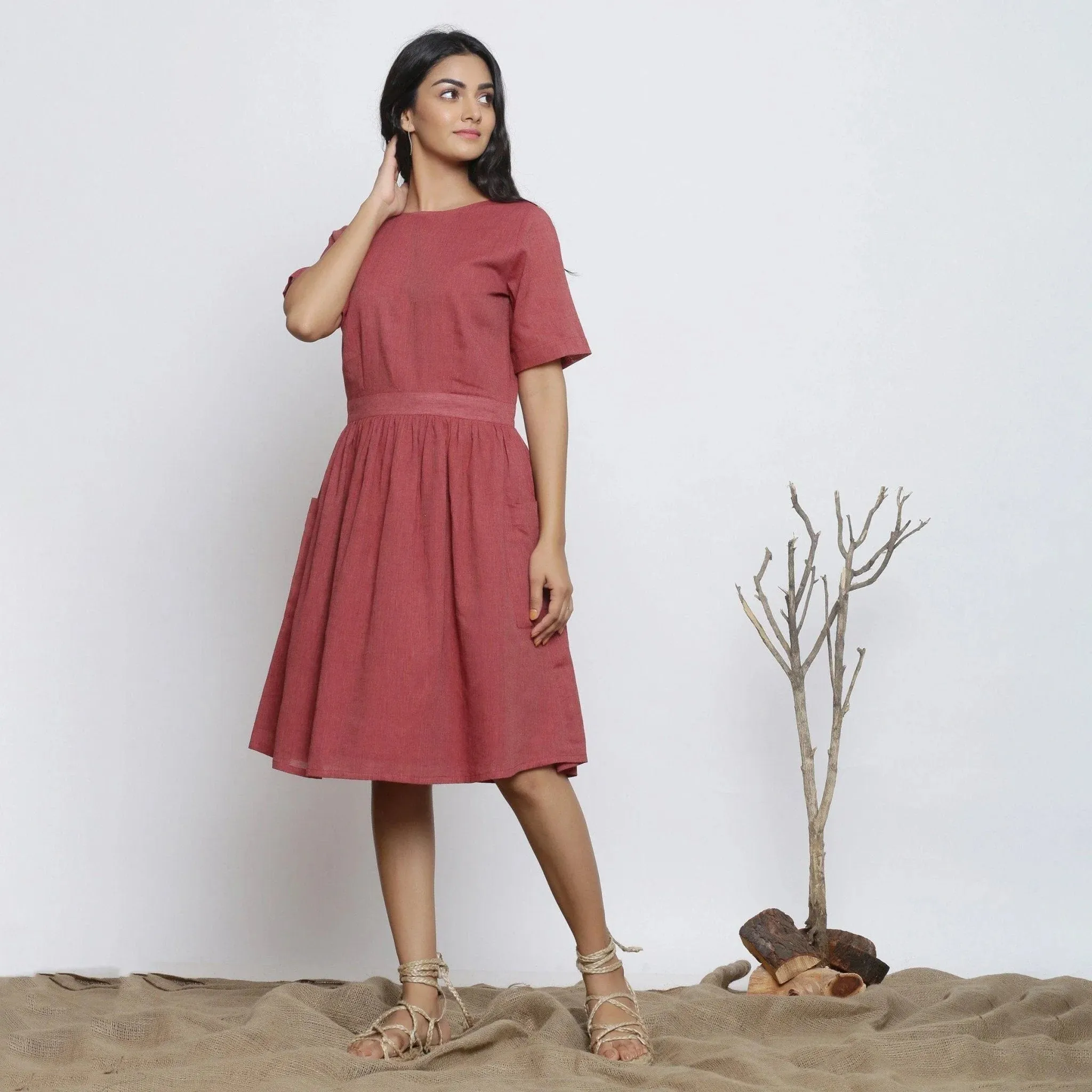 Maroon Cotton Muslin Backless Fit and Flare Knee Length Dress