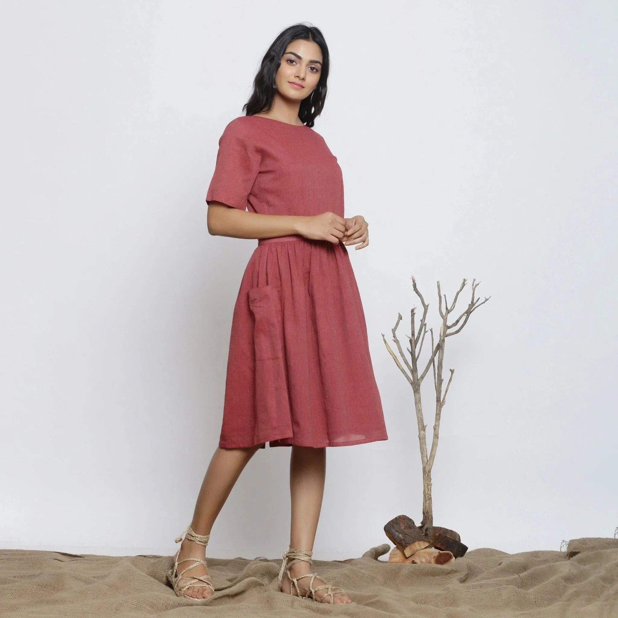 Maroon Cotton Muslin Backless Fit and Flare Knee Length Dress