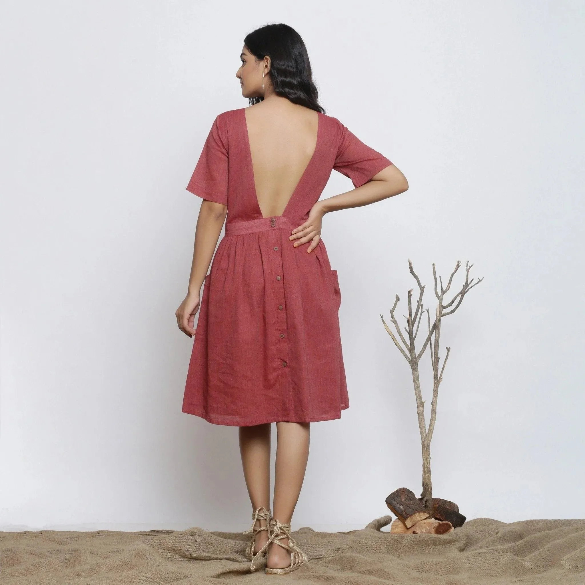 Maroon Cotton Muslin Backless Fit and Flare Knee Length Dress