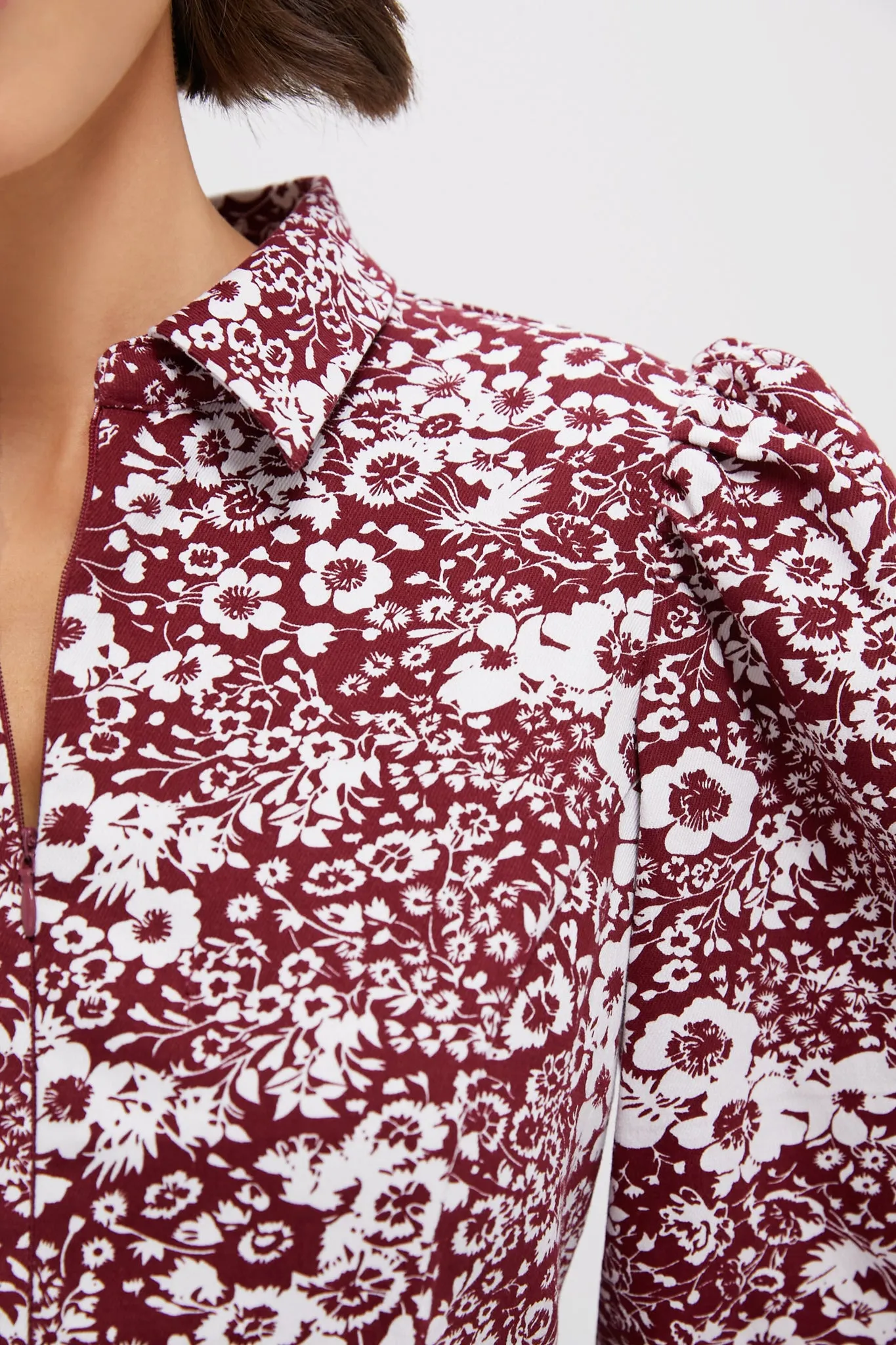 Maroon Floral Front Zip Begonia Mini Dress