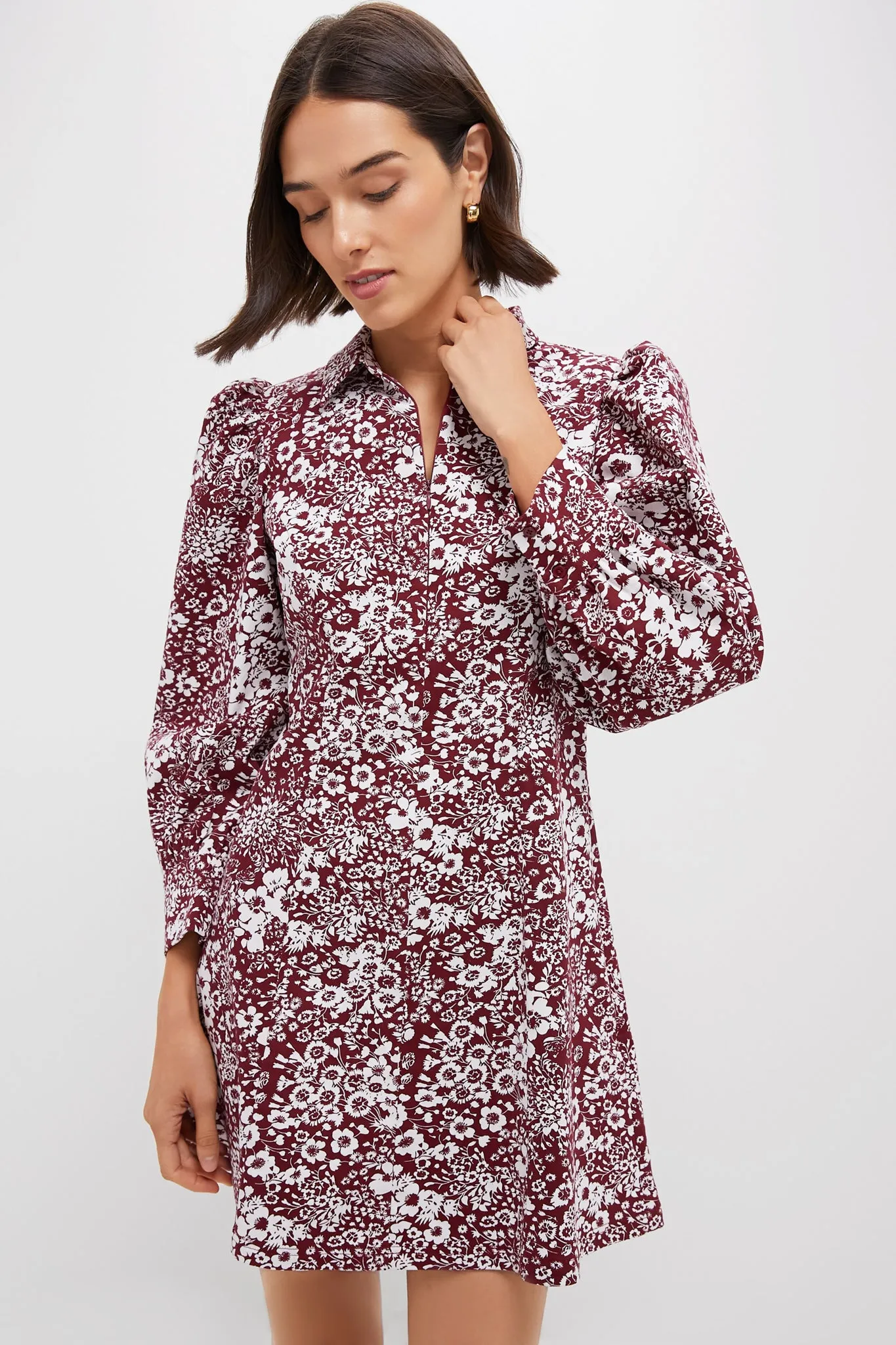 Maroon Floral Front Zip Begonia Mini Dress