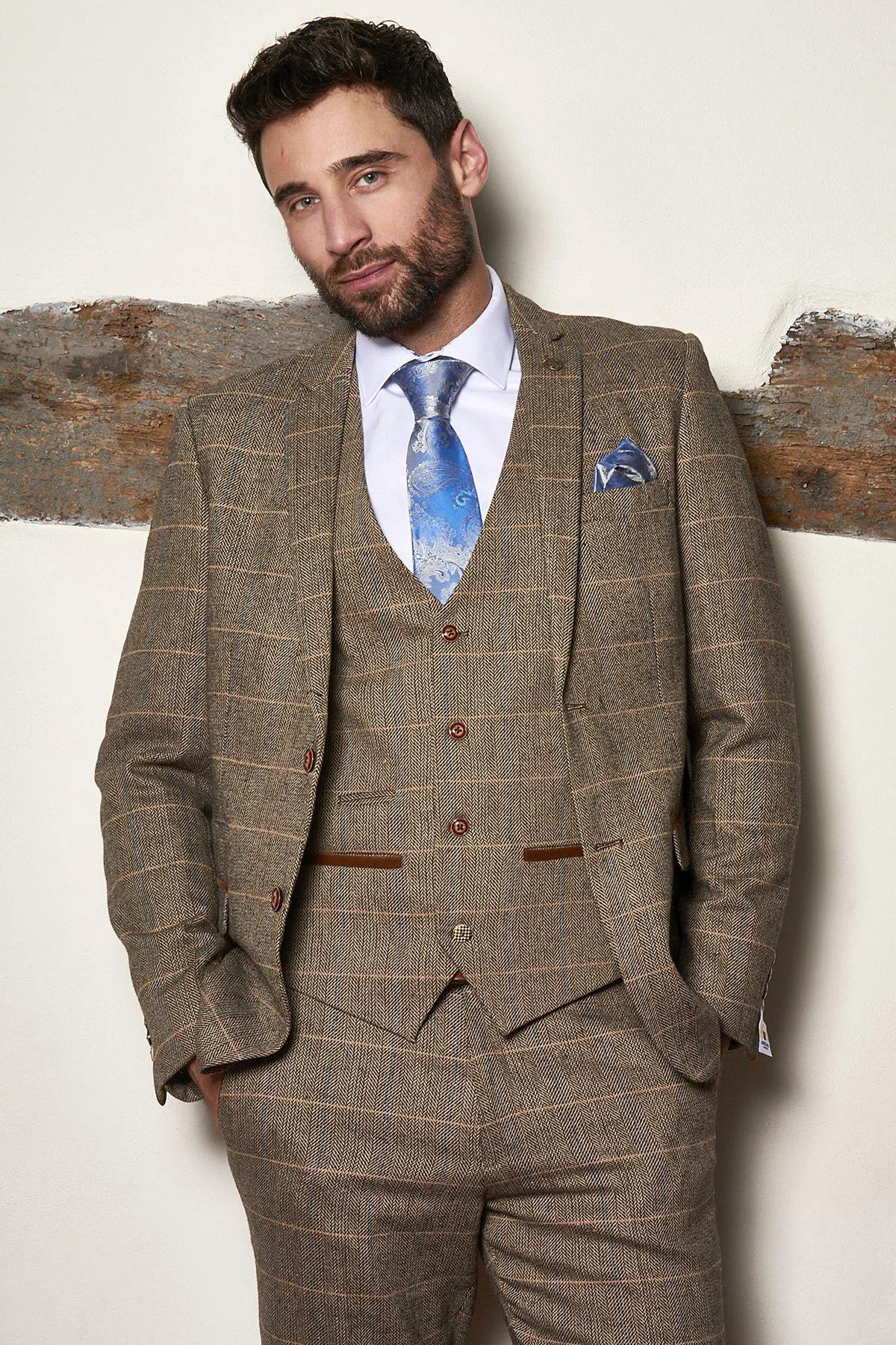 Matching Father & Son | Men’s TED Tan Tweed Check Three Piece Suit