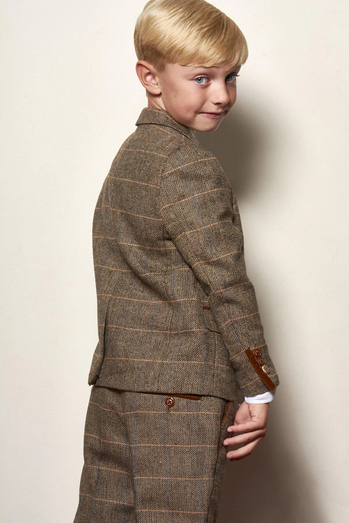 Matching Father & Son | Men’s TED Tan Tweed Check Three Piece Suit