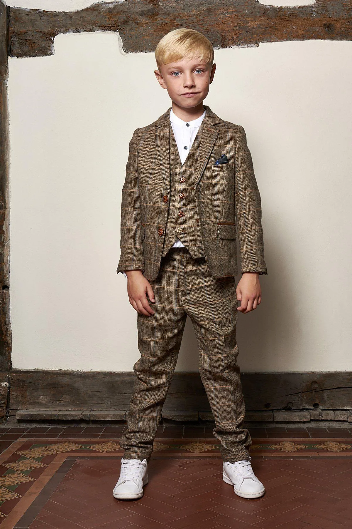 Matching Father & Son | Men’s TED Tan Tweed Check Three Piece Suit