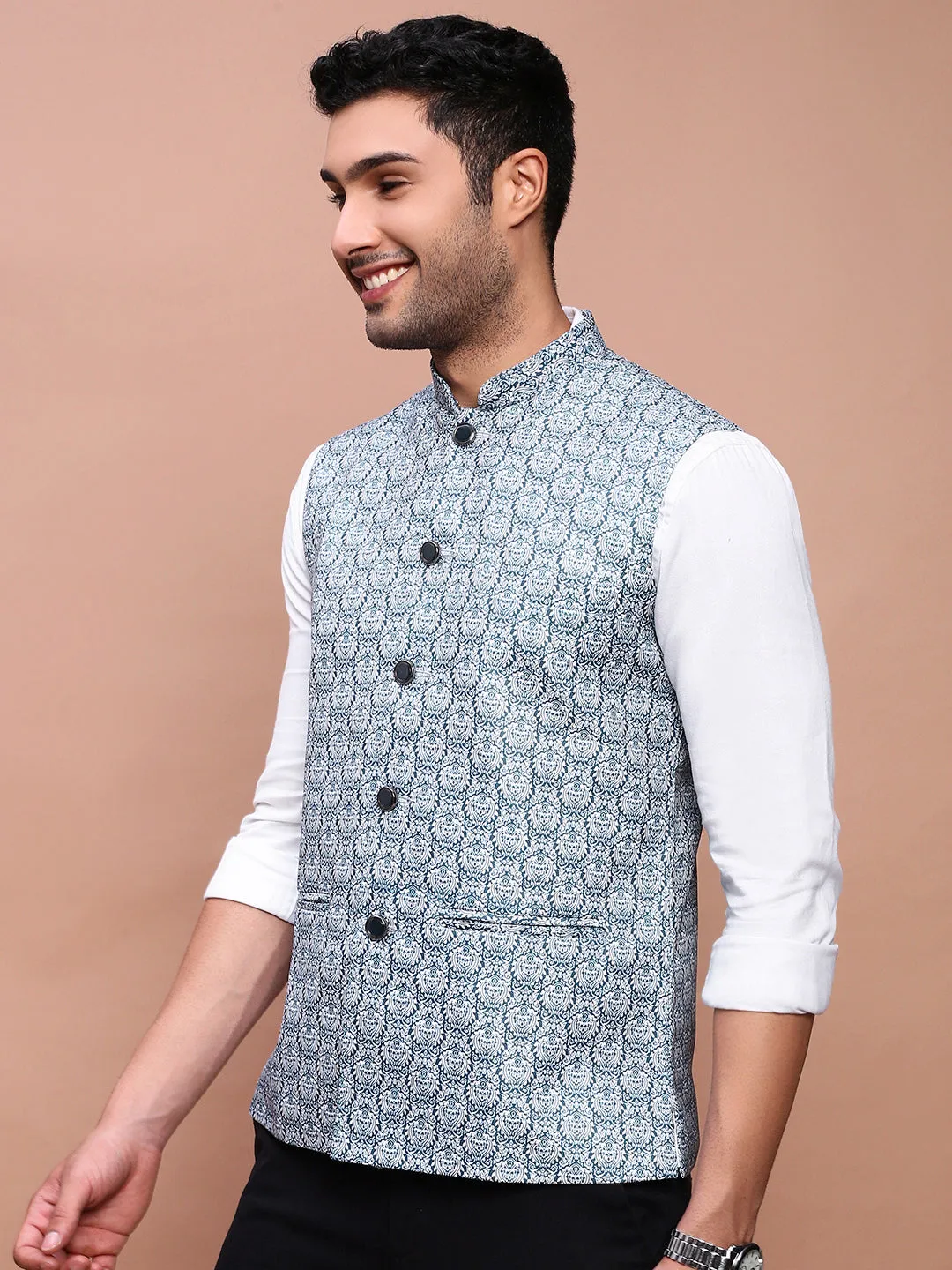 Men Printed Teal Slim Fit Nehru Jacket