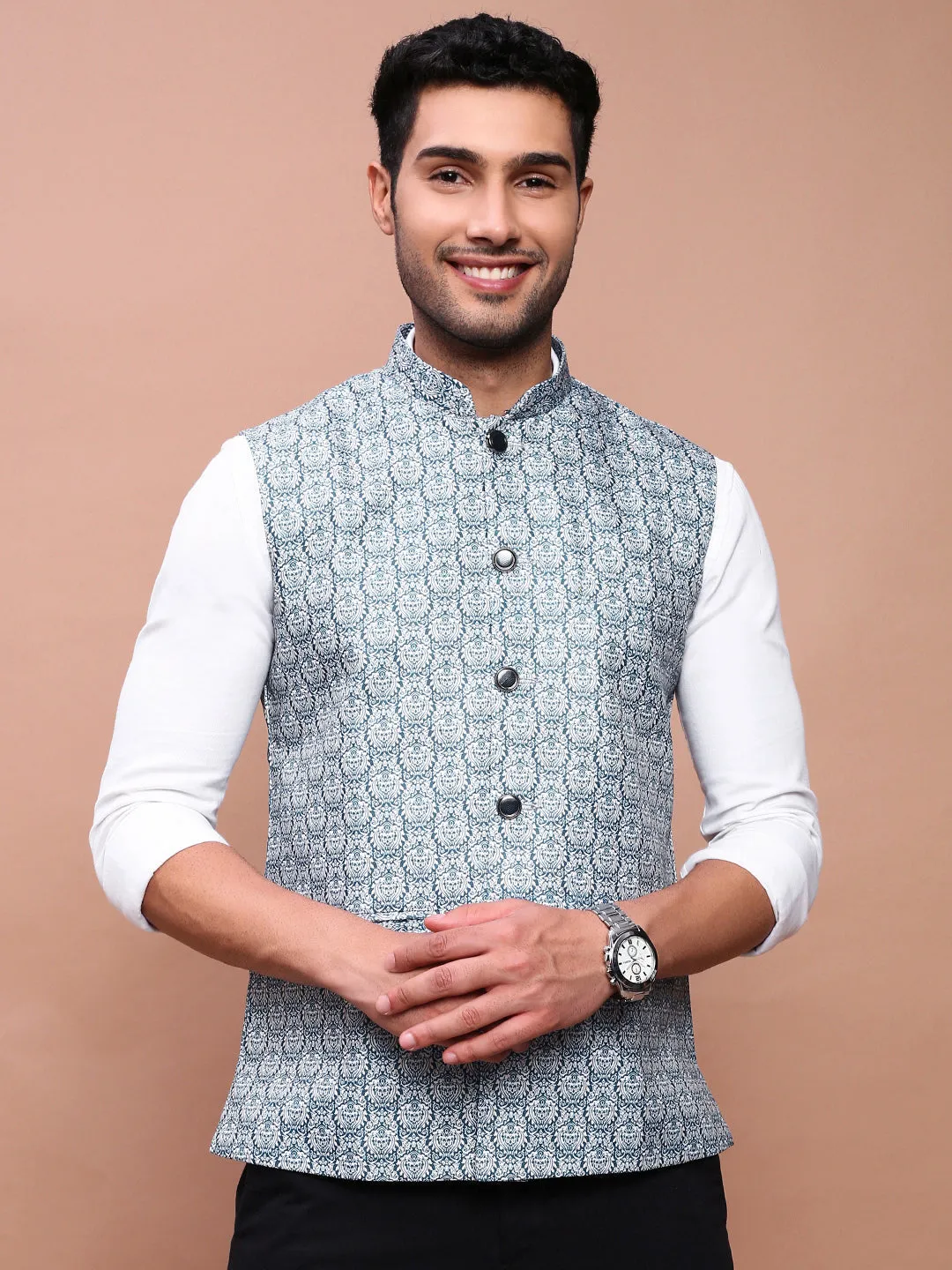 Men Printed Teal Slim Fit Nehru Jacket