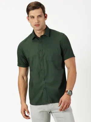 MEN'S OLIVE GREEN SOLID COTTON LINEN SLIM FIT SHIRT