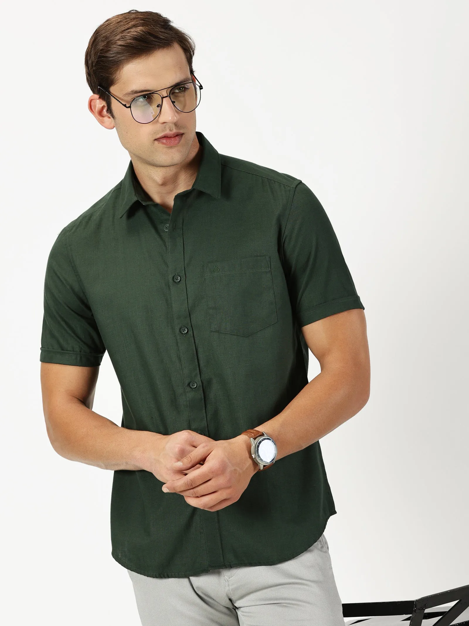 MEN'S OLIVE GREEN SOLID COTTON LINEN SLIM FIT SHIRT