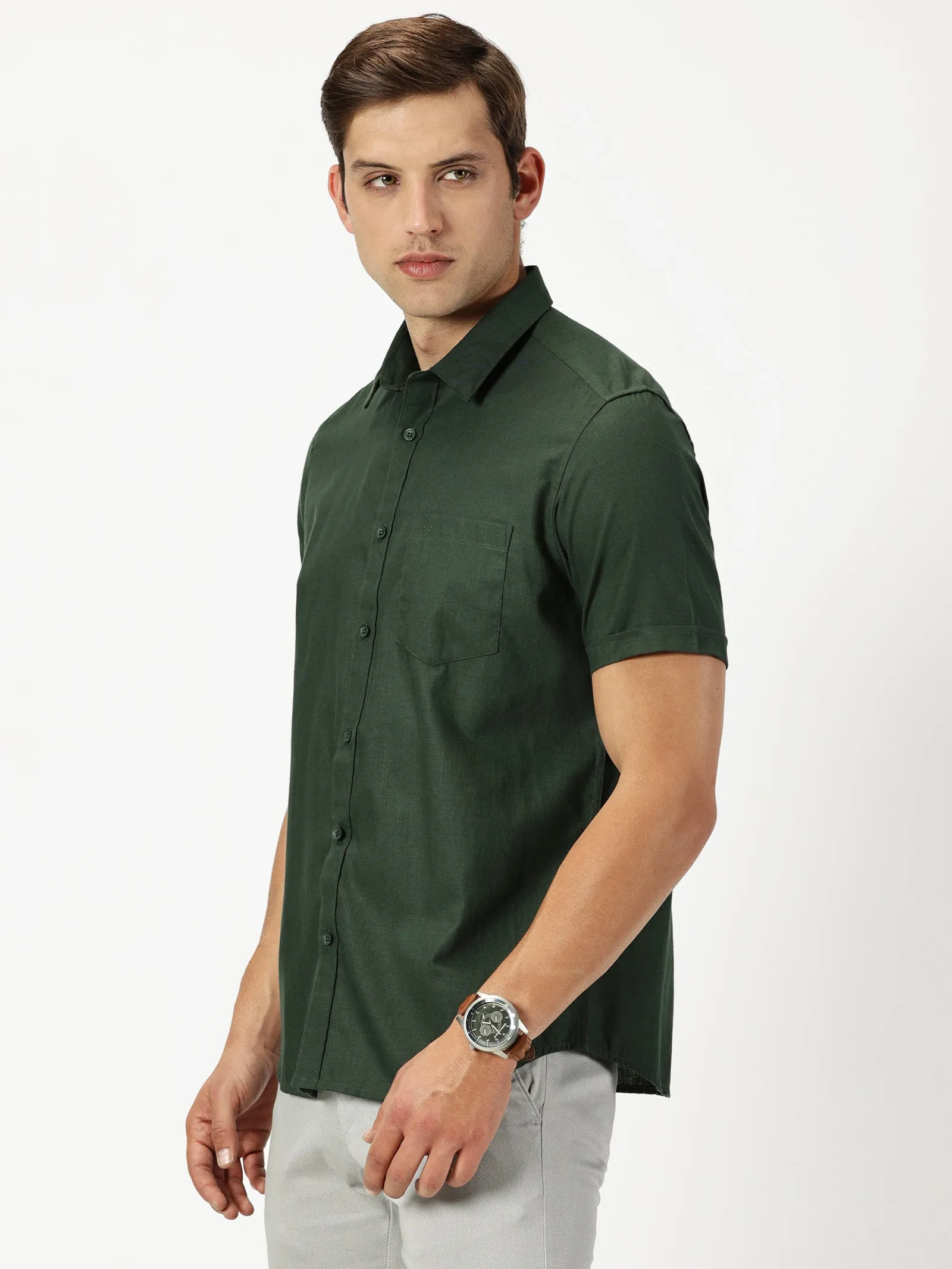 MEN'S OLIVE GREEN SOLID COTTON LINEN SLIM FIT SHIRT