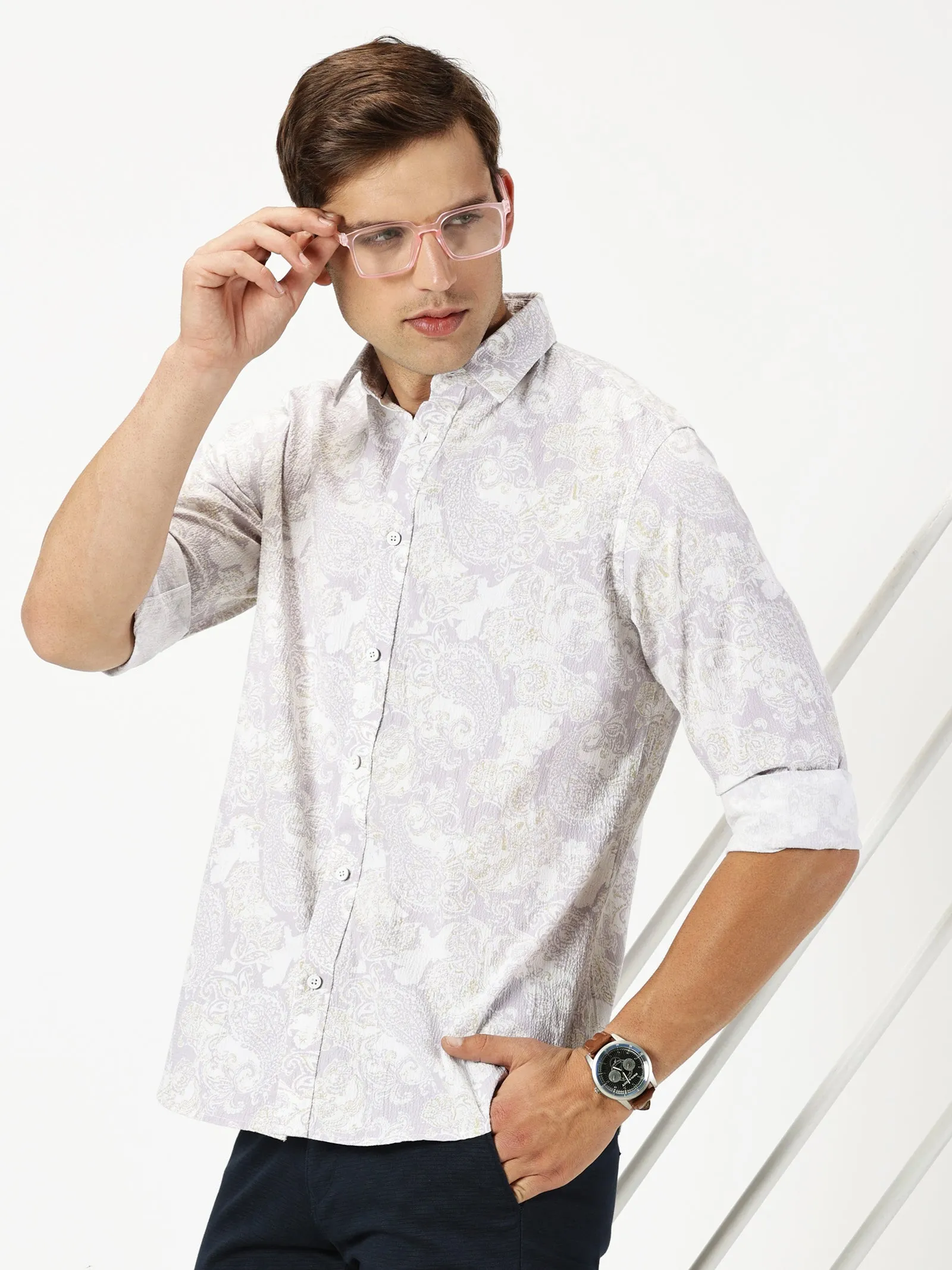 MEN'S PINK PRINT SLIM FIT SHIRT