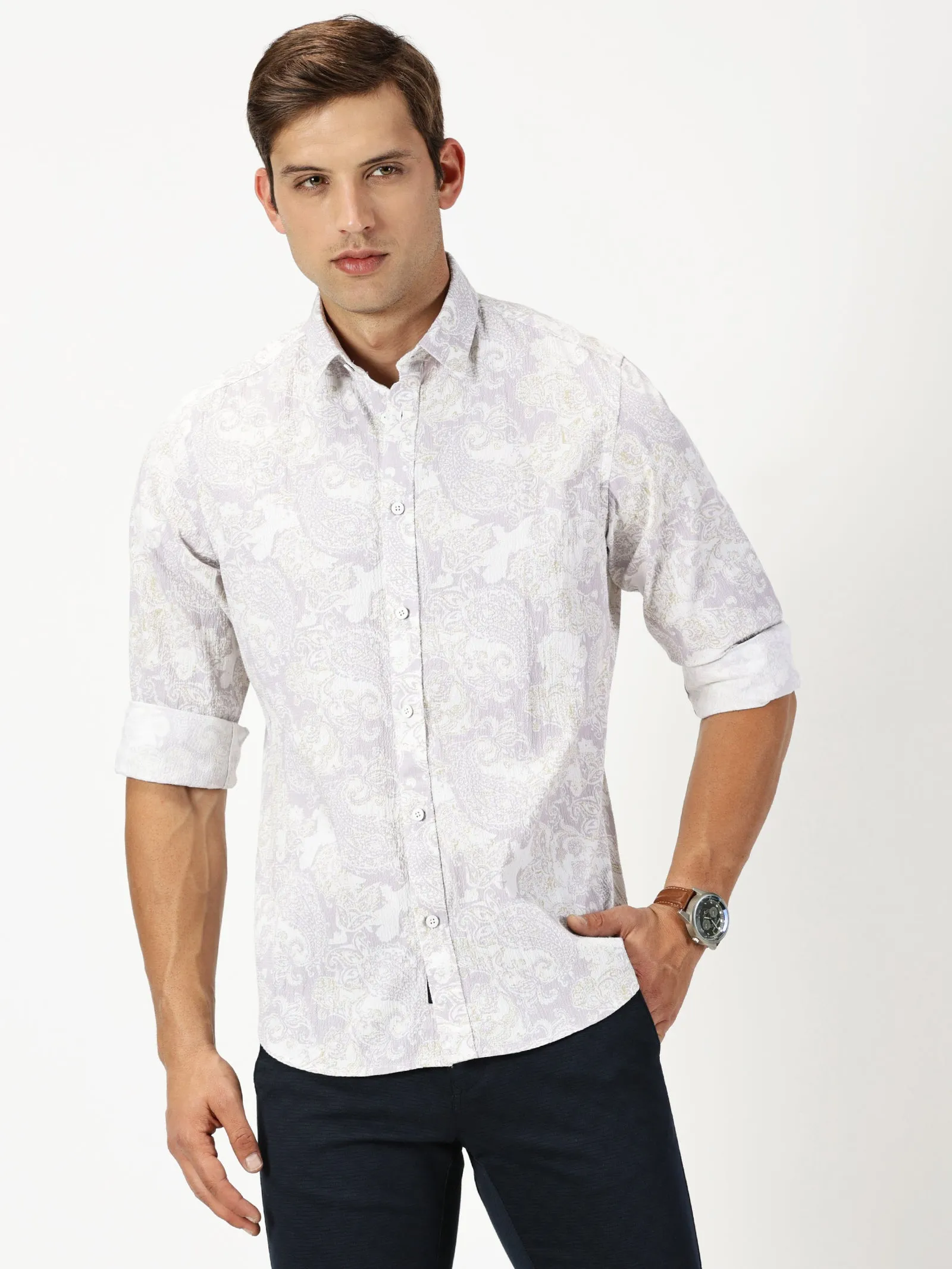 MEN'S PINK PRINT SLIM FIT SHIRT