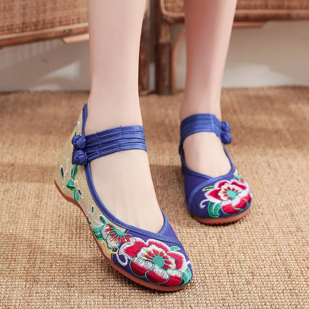 Merendy Arrosa Handmade Embroidered Canvas Mary Jane Ballet Flats