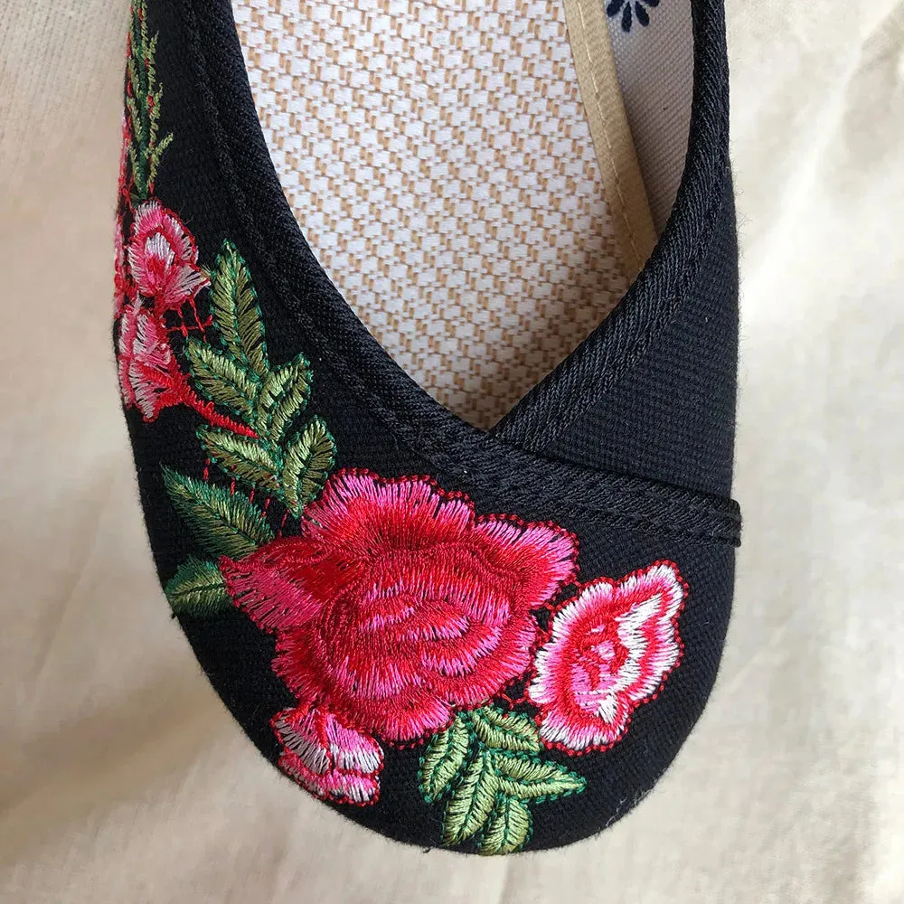 Merendy Arrosa Handmade Embroidered Canvas Mary Jane Ballet Flats